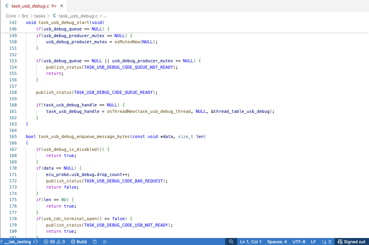 Embedded C firmware for USB debugging in a code editor